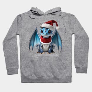 Cute Blue Baby Dragon Wearing a Red Festive Christmas Hat and Scarf Hoodie